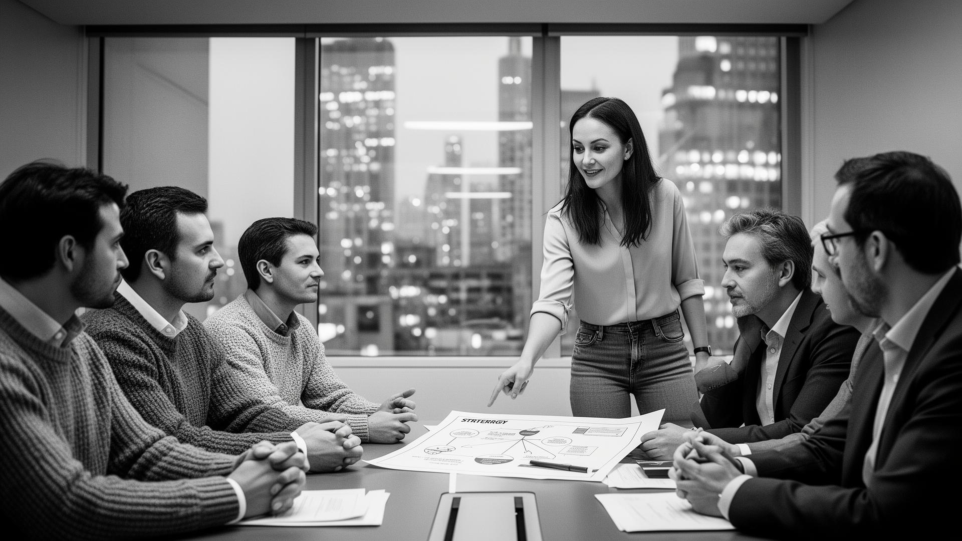 Ejecutiva liderando una sesión de planificación estratégica con su equipo