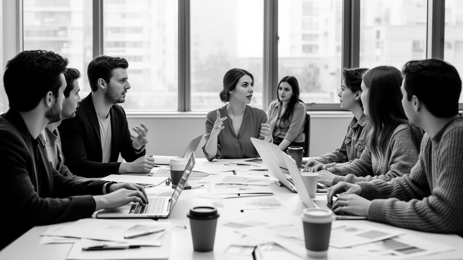 Equipo diverso de ejecutivos colaborando alrededor de la mesa de trabajo